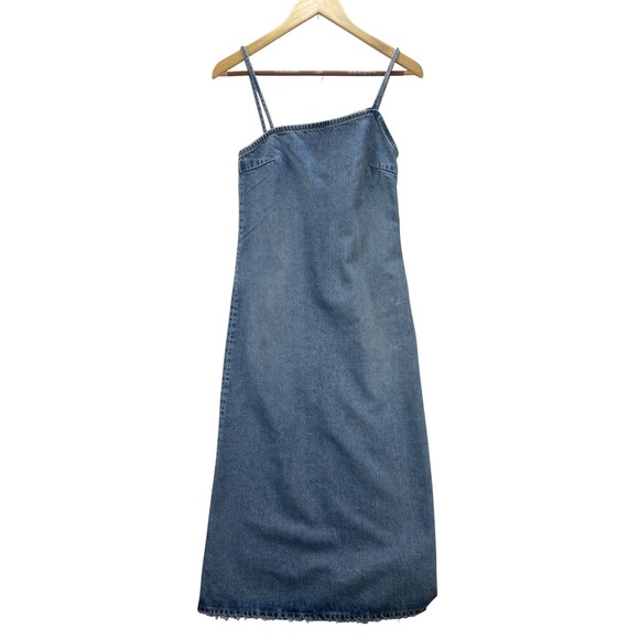 Zara Denim Dress Spaghetti Strap Midi Raw Hem Women's XS Blue Casual Summer - Picture 1 of 9